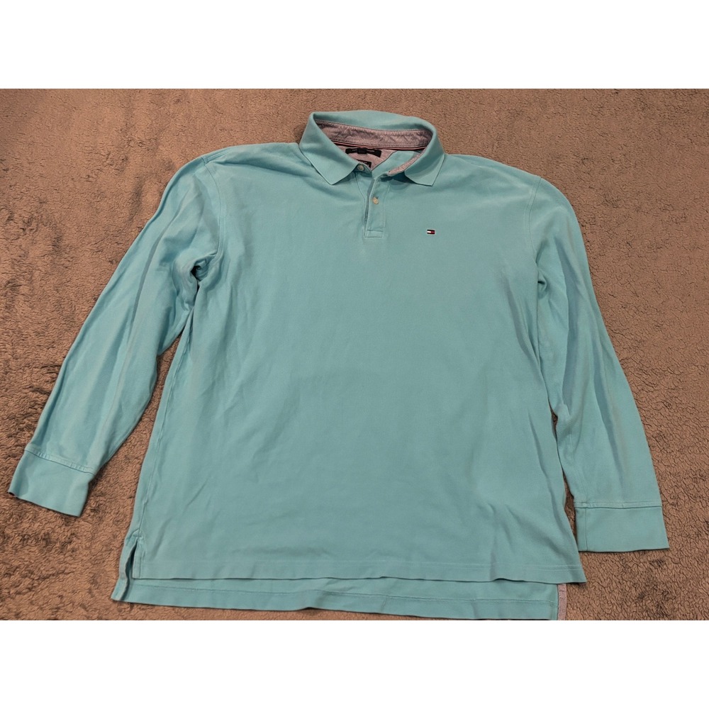 Tommy Hilfiger Mens XL Long Sleeve Polo Shirt Light Blue Classic Fit Cotton
